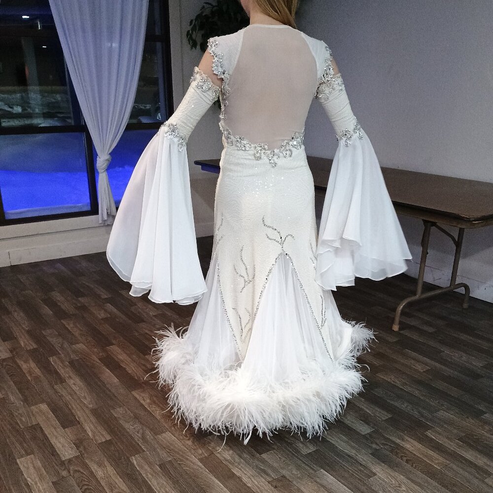 White Feathered International Ballroom Gown with Floaters - Picture 11 of 12